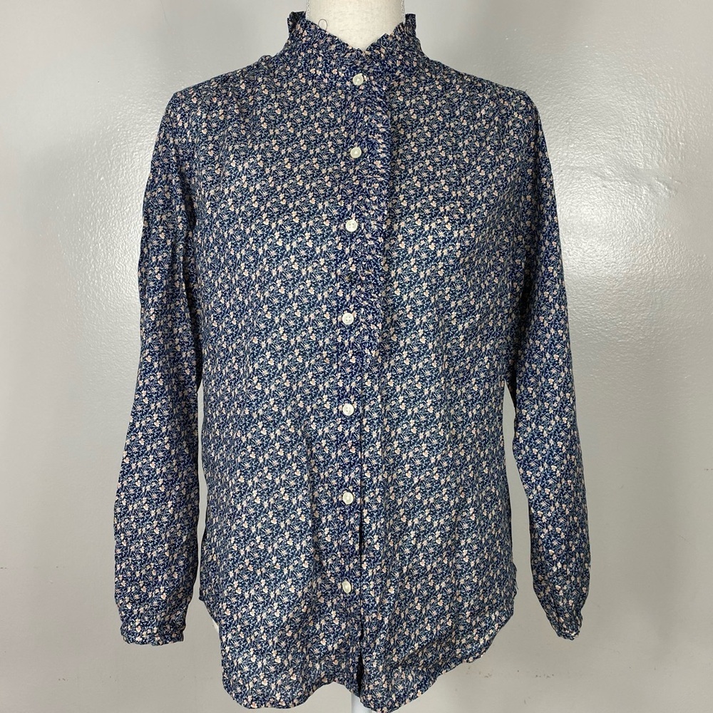 TROVATA Birds of Paradis ditzy floral print ruffle high neck button down blouse